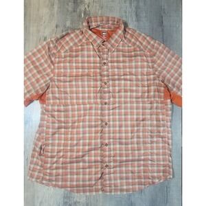 REI Co-Op Mens XL Orange Grey Plaid Vented Short Sleeve Hiking Shirt Pockets EUC